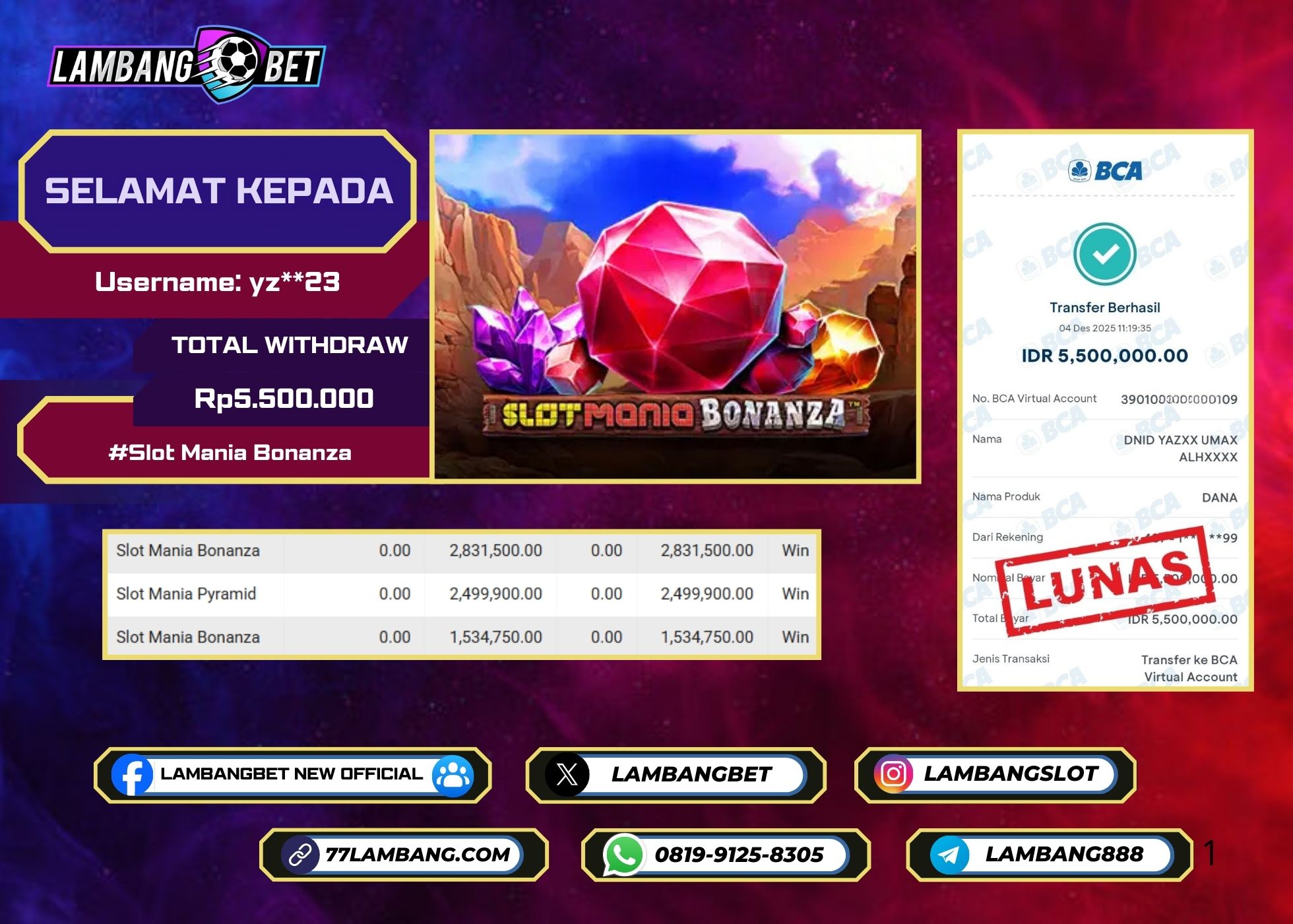 LAMBANGBET [4 DESEMBER 2025] JACKPOT SLOT Slot Mania Bonanza "Rp5.500.000" LUNAS